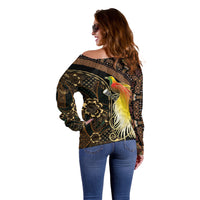 Papua New Guinea and Indonesia Batik Off Shoulder Sweater Bird of Paradise with Tribal Batik Patterns LT03 - Polynesian Pride