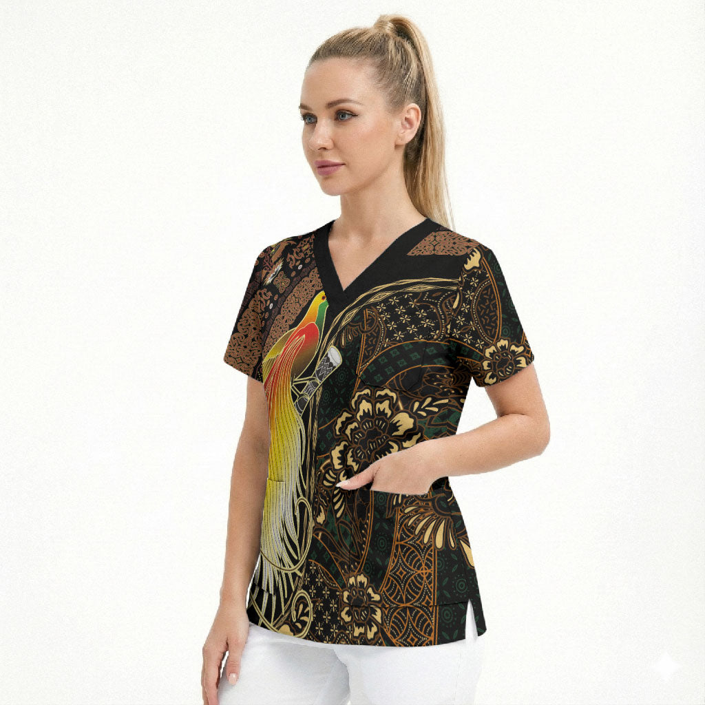 Papua New Guinea and Indonesia Batik Scrub Top Bird of Paradise with Tribal Batik Patterns LT03 - Polynesian Pride