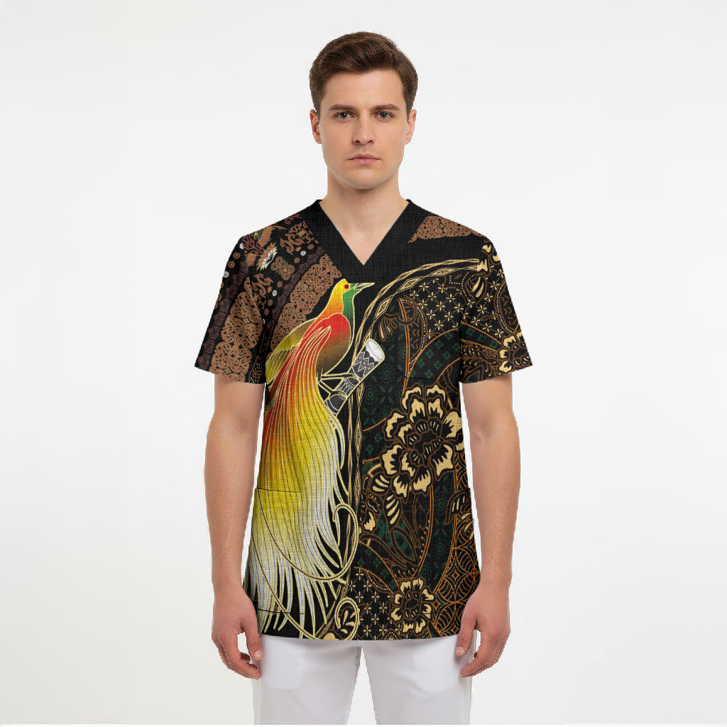Papua New Guinea and Indonesia Batik Scrub Top Bird of Paradise with Tribal Batik Patterns LT03 - Polynesian Pride