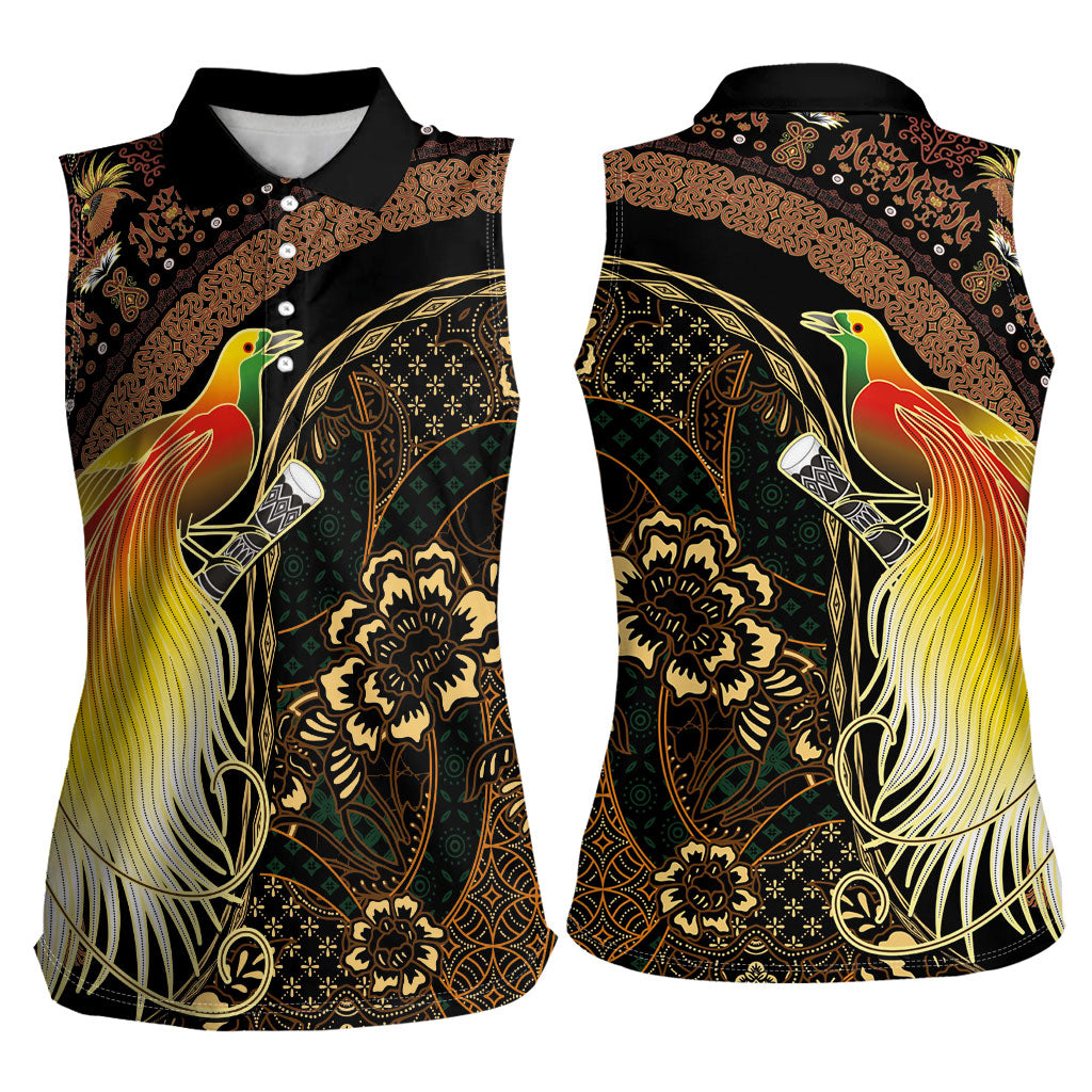 Papua New Guinea and Indonesia Batik Women Sleeveless Polo Shirt Bird of Paradise with Tribal Batik Patterns LT03 - Polynesian Pride
