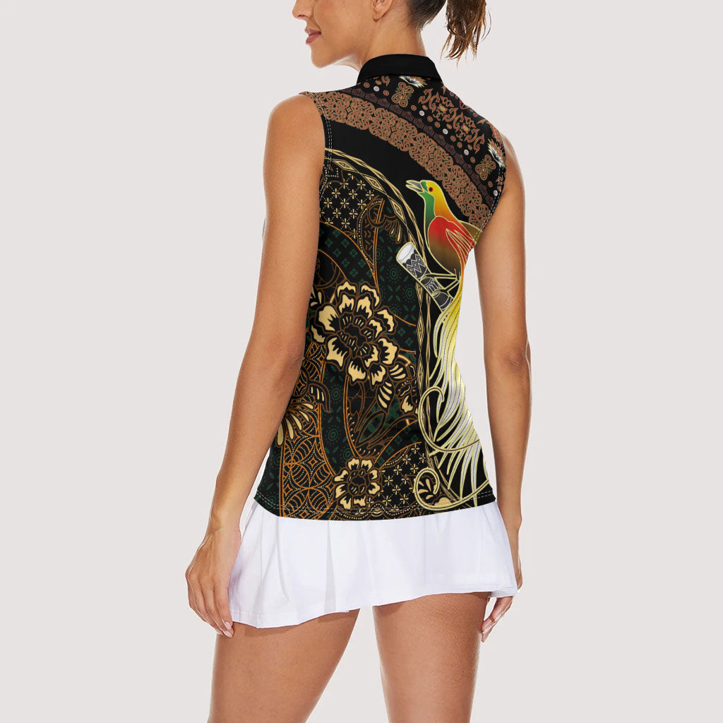 Papua New Guinea and Indonesia Batik Women Sleeveless Polo Shirt Bird of Paradise with Tribal Batik Patterns LT03 - Polynesian Pride