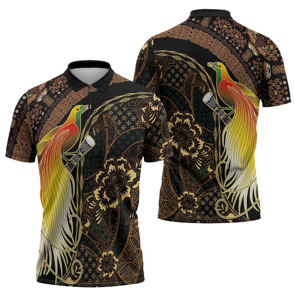 Papua New Guinea and Indonesia Batik Zipper Polo Shirt Bird of Paradise with Tribal Batik Patterns LT03 - Polynesian Pride