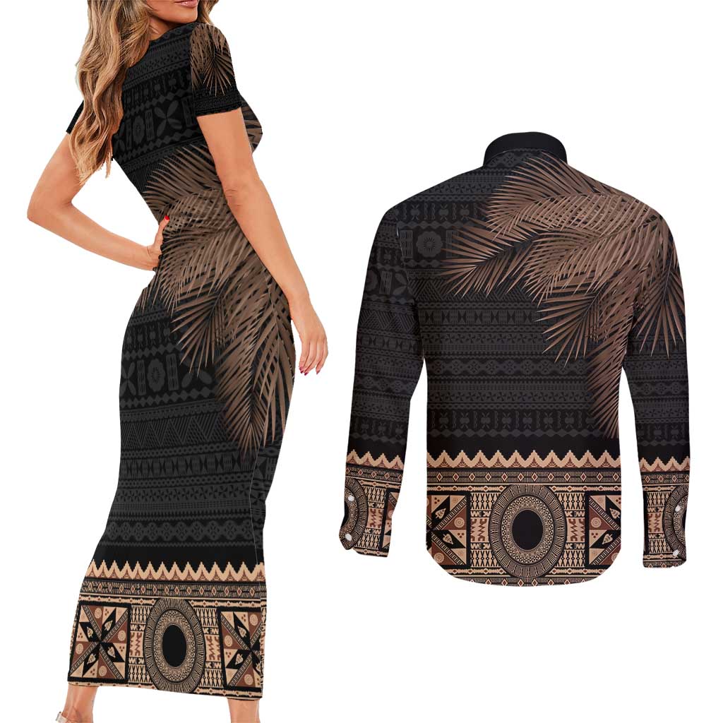 Fiji Palm Leaves Couples Matching Short Sleeve Bodycon Dress and Long Sleeve Button Shirt Masi and Tapa Tribal Pattern Beige Color