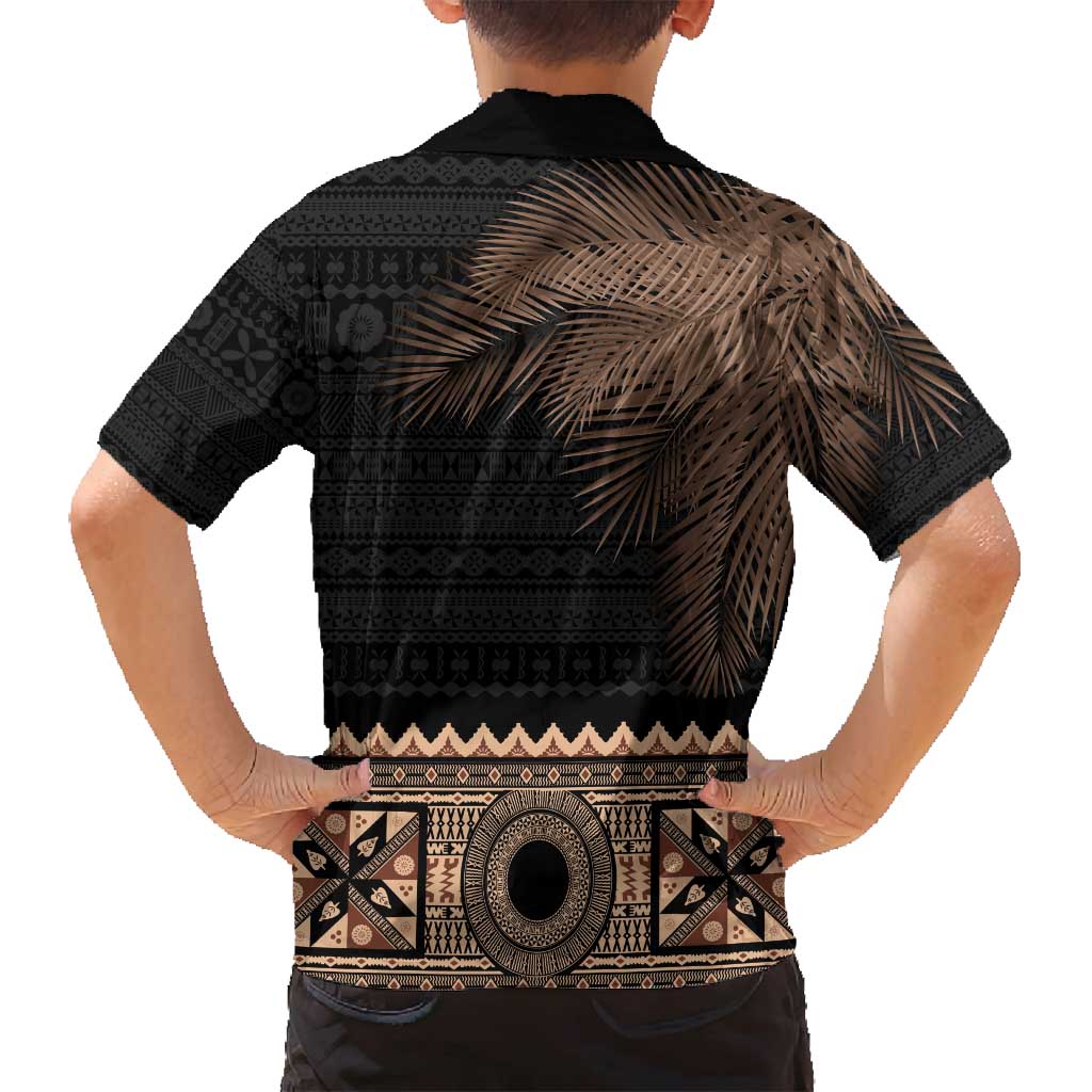 Fiji Palm Leaves Family Matching Tank Maxi Dress and Hawaiian Shirt Masi and Tapa Tribal Pattern Beige Color