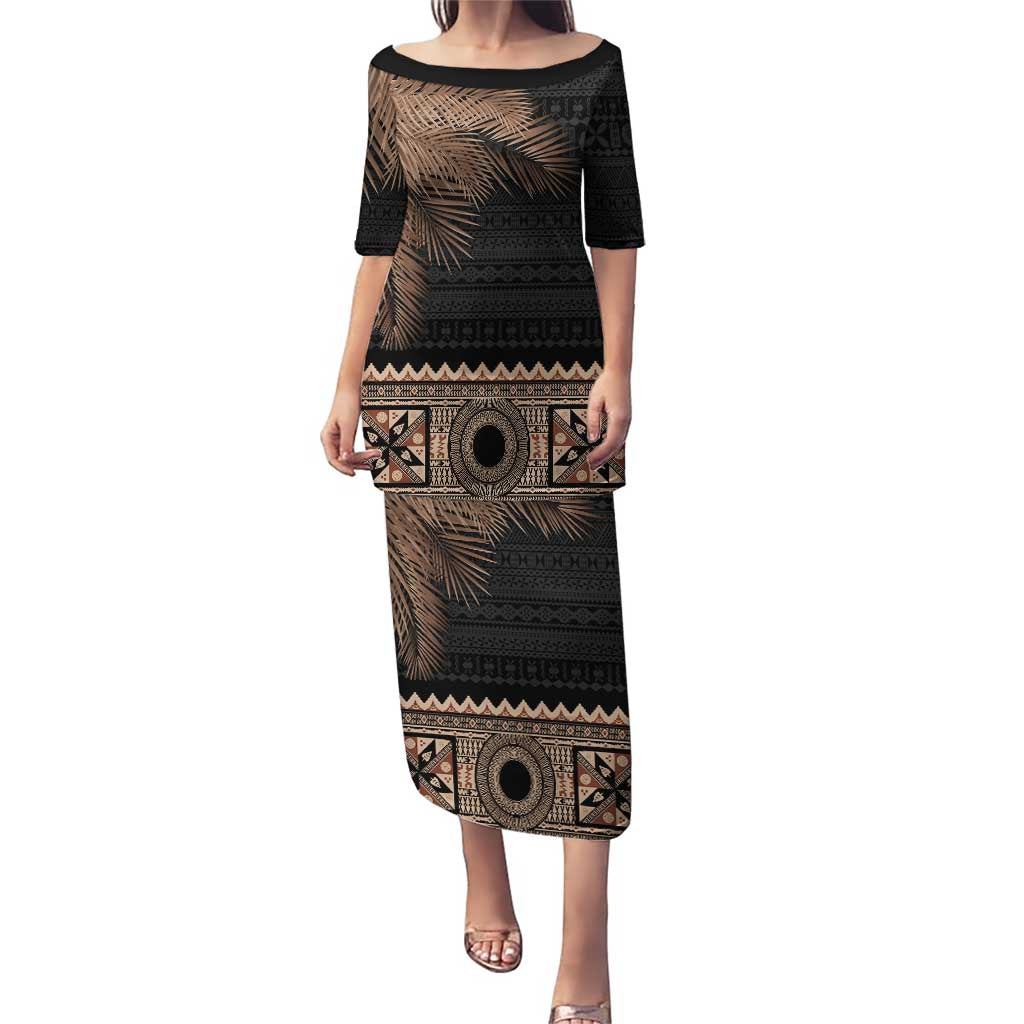Fiji Palm Leaves Puletasi Masi and Tapa Tribal Pattern Beige Color LT03 Long Dress Beige - Polynesian Pride