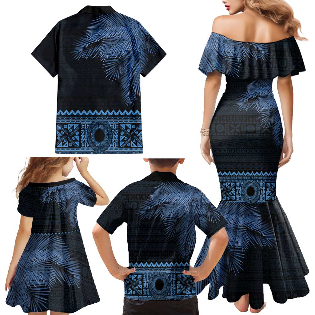 Fiji Palm Leaves Family Matching Mermaid Dress and Hawaiian Shirt Masi and Tapa Tribal Pattern Blue Color