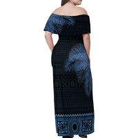 Fiji Palm Leaves Family Matching Off Shoulder Maxi Dress and Hawaiian Shirt Masi and Tapa Tribal Pattern Blue Color