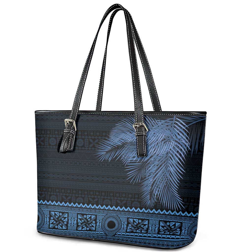 Fiji Palm Leaves Leather Tote Bag Masi and Tapa Tribal Pattern Blue Color