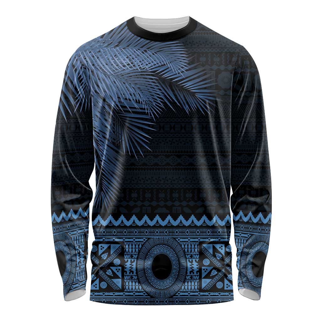 Fiji Palm Leaves Long Sleeve Shirt Masi and Tapa Tribal Pattern Blue Color LT03 Unisex Blue - Polynesian Pride