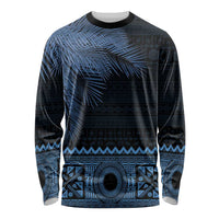 Fiji Palm Leaves Long Sleeve Shirt Masi and Tapa Tribal Pattern Blue Color LT03 Unisex Blue - Polynesian Pride