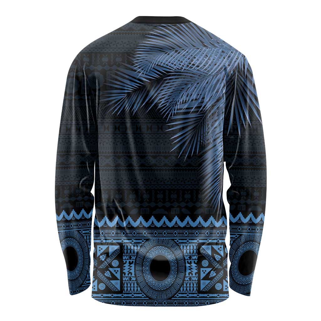 Fiji Palm Leaves Long Sleeve Shirt Masi and Tapa Tribal Pattern Blue Color LT03 - Polynesian Pride