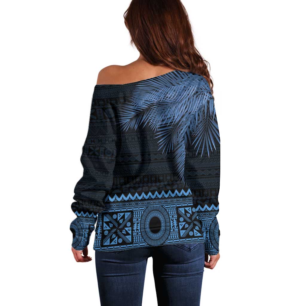 Fiji Palm Leaves Off Shoulder Sweater Masi and Tapa Tribal Pattern Blue Color