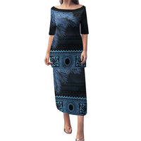 Fiji Palm Leaves Puletasi Masi and Tapa Tribal Pattern Blue Color LT03 Long Dress Blue - Polynesian Pride
