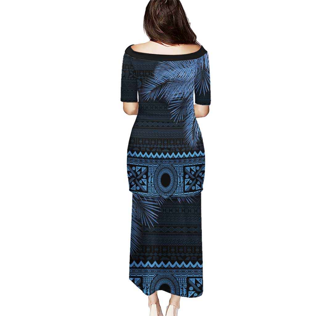 Fiji Palm Leaves Puletasi Masi and Tapa Tribal Pattern Blue Color LT03 - Polynesian Pride