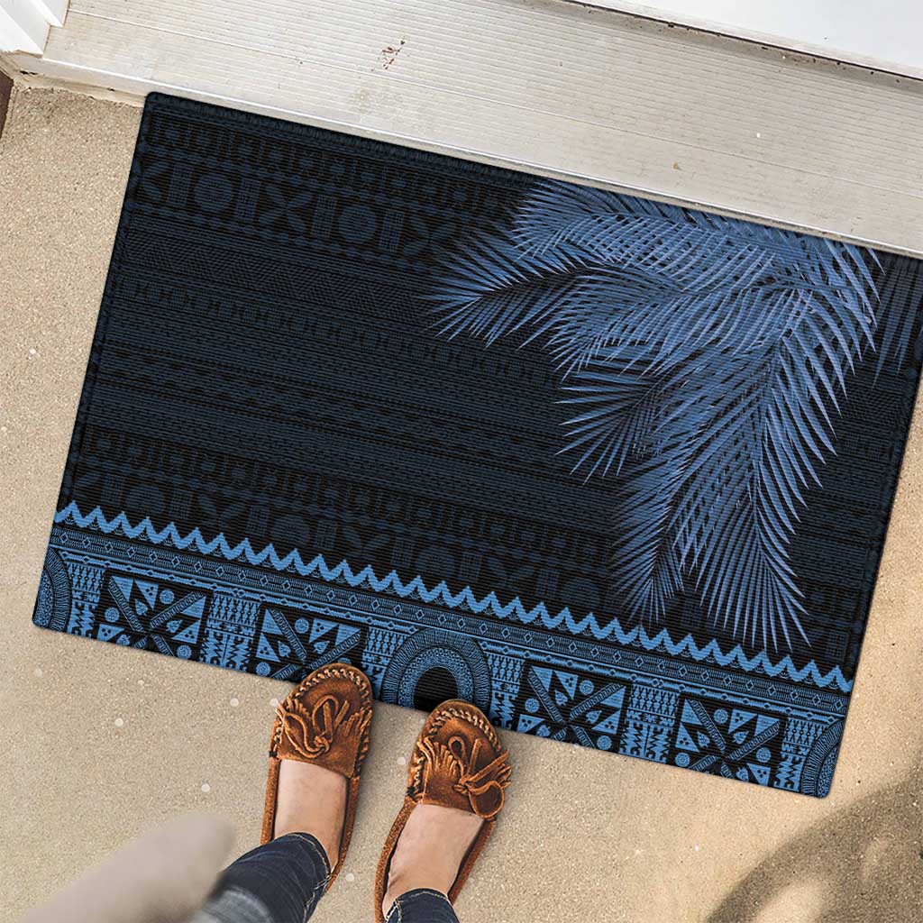 Fiji Palm Leaves Rubber Doormat Masi and Tapa Tribal Pattern Blue Color