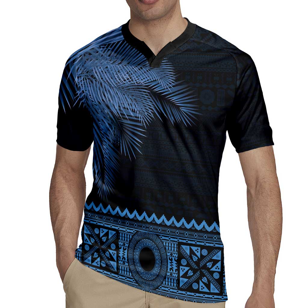 Fiji Palm Leaves Rugby Jersey Masi and Tapa Tribal Pattern Blue Color