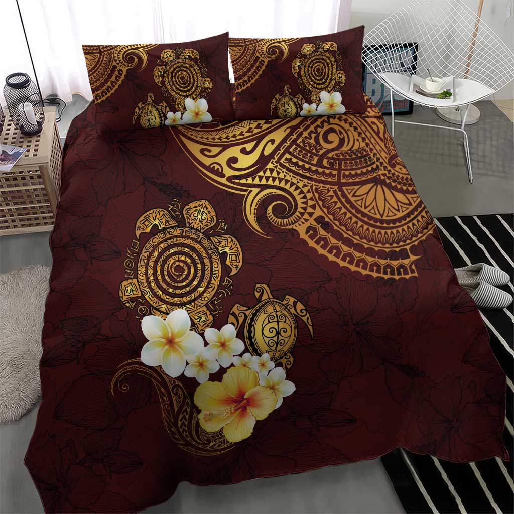 Polynesian Turtle Bedding Set Plumeria Hibiscus Pattern Oxblood LT03 - Polynesian Pride