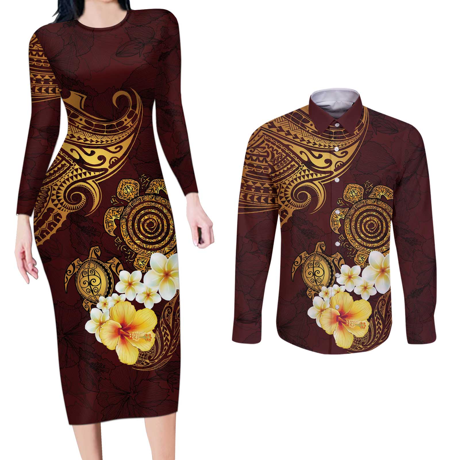 Polynesian Turtle Couples Matching Long Sleeve Bodycon Dress and Long Sleeve Button Shirt Plumeria Hibiscus Pattern Oxblood