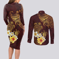 Polynesian Turtle Couples Matching Long Sleeve Bodycon Dress and Long Sleeve Button Shirt Plumeria Hibiscus Pattern Oxblood