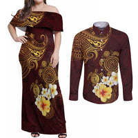 Polynesian Turtle Couples Matching Off Shoulder Maxi Dress and Long Sleeve Button Shirt Plumeria Hibiscus Pattern Oxblood
