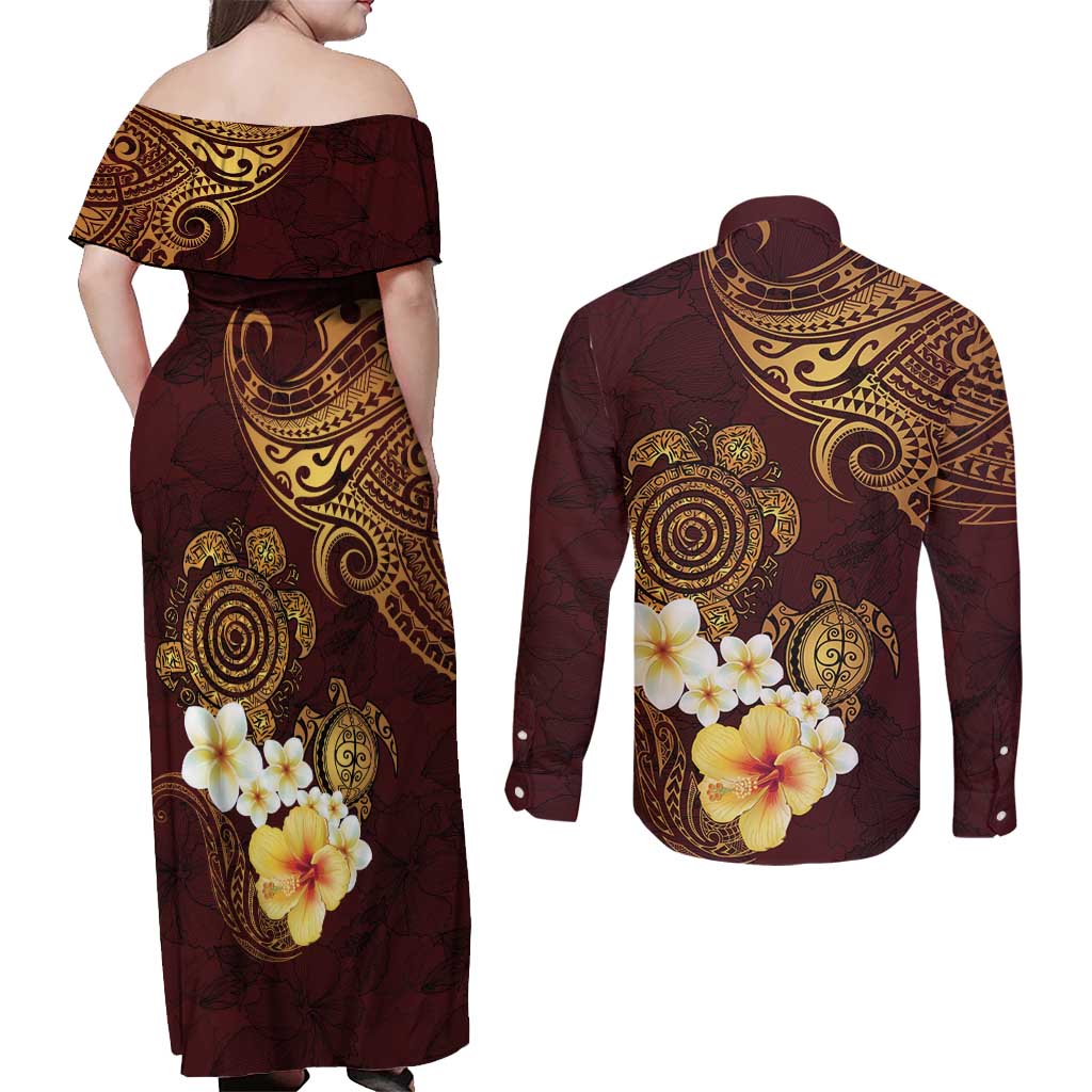 Polynesian Turtle Couples Matching Off Shoulder Maxi Dress and Long Sleeve Button Shirt Plumeria Hibiscus Pattern Oxblood