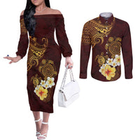 Polynesian Turtle Couples Matching Off The Shoulder Long Sleeve Dress and Long Sleeve Button Shirt Plumeria Hibiscus Pattern Oxblood