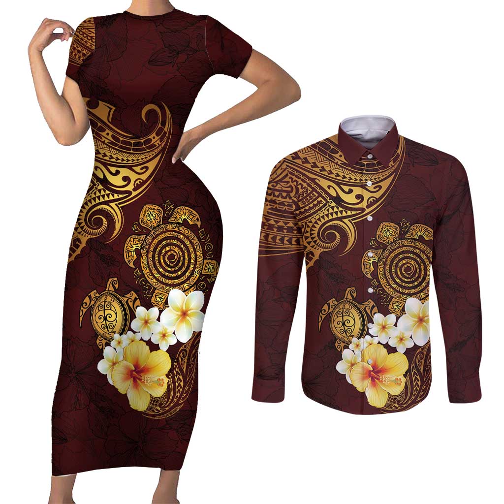 Polynesian Turtle Couples Matching Short Sleeve Bodycon Dress and Long Sleeve Button Shirt Plumeria Hibiscus Pattern Oxblood