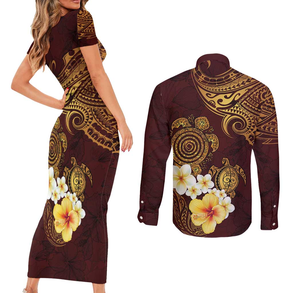 Polynesian Turtle Couples Matching Short Sleeve Bodycon Dress and Long Sleeve Button Shirt Plumeria Hibiscus Pattern Oxblood