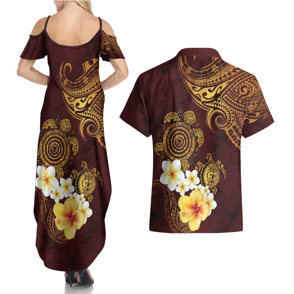 Polynesian Turtle Couples Matching Summer Maxi Dress and Hawaiian Shirt Plumeria Hibiscus Pattern Oxblood