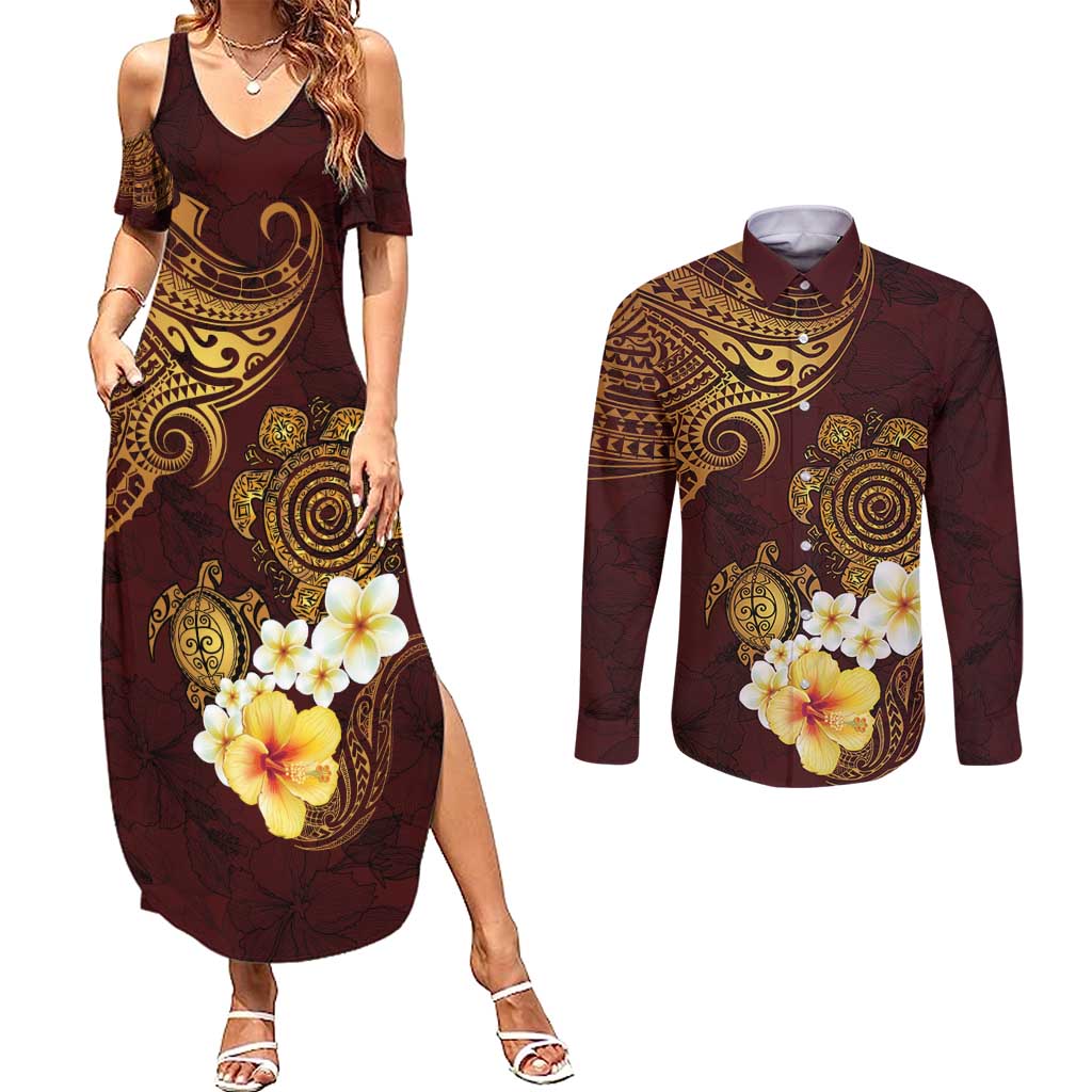 Polynesian Turtle Couples Matching Summer Maxi Dress and Long Sleeve Button Shirt Plumeria Hibiscus Pattern Oxblood