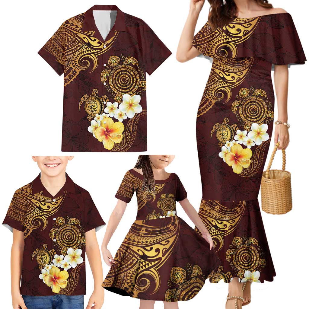 Polynesian Turtle Family Matching Mermaid Dress and Hawaiian Shirt Plumeria Hibiscus Pattern Oxblood