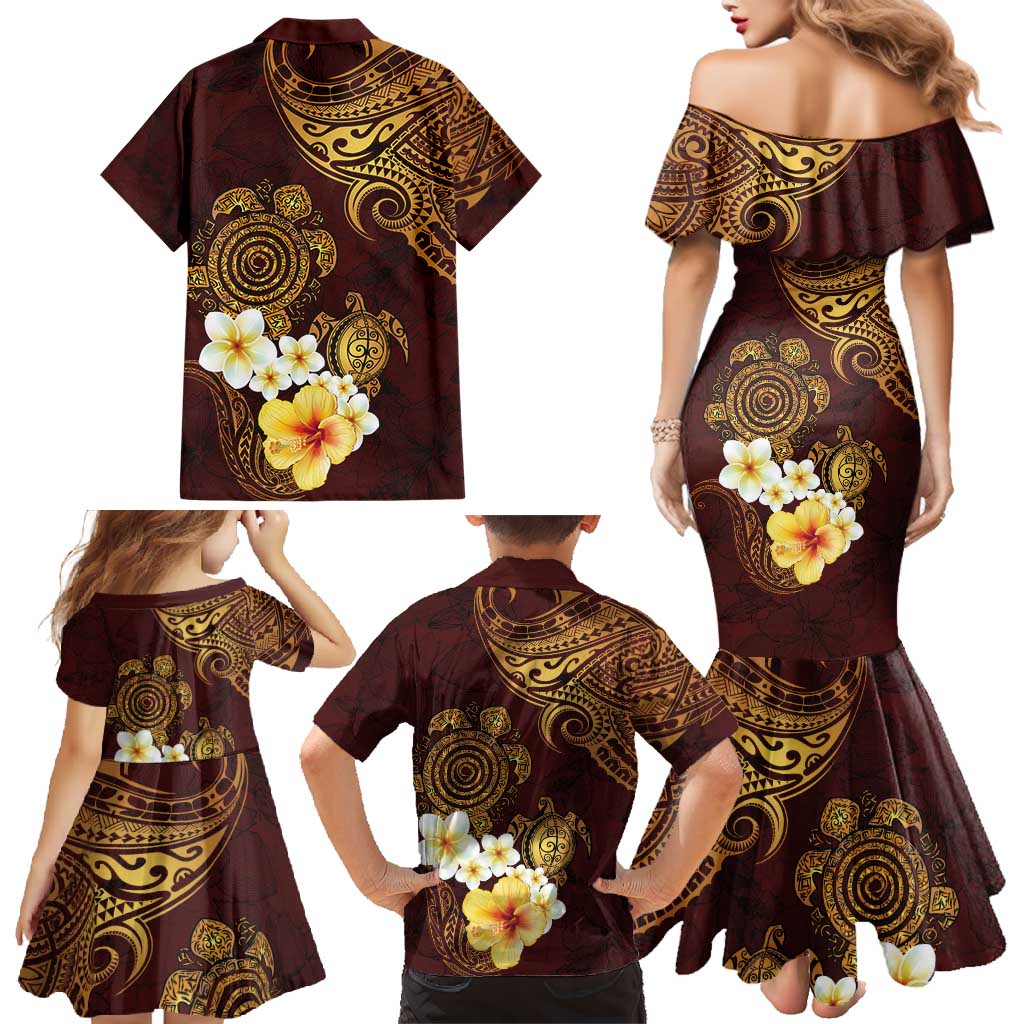 Polynesian Turtle Family Matching Mermaid Dress and Hawaiian Shirt Plumeria Hibiscus Pattern Oxblood