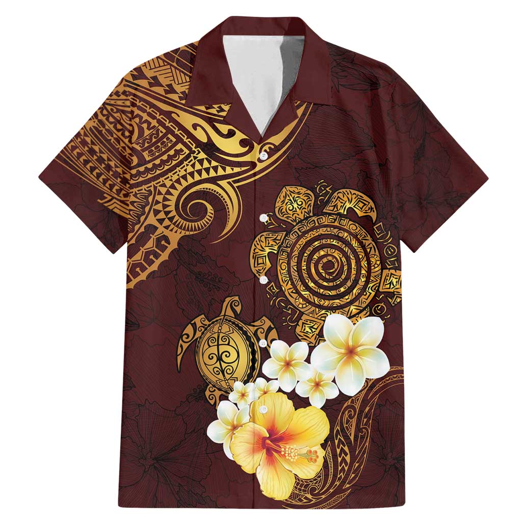 Polynesian Turtle Family Matching Mermaid Dress and Hawaiian Shirt Plumeria Hibiscus Pattern Oxblood