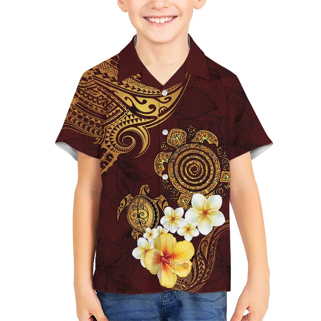 Polynesian Turtle Kid Hawaiian Shirt Plumeria Hibiscus Pattern Oxblood LT03 Kid Oxblood - Polynesian Pride