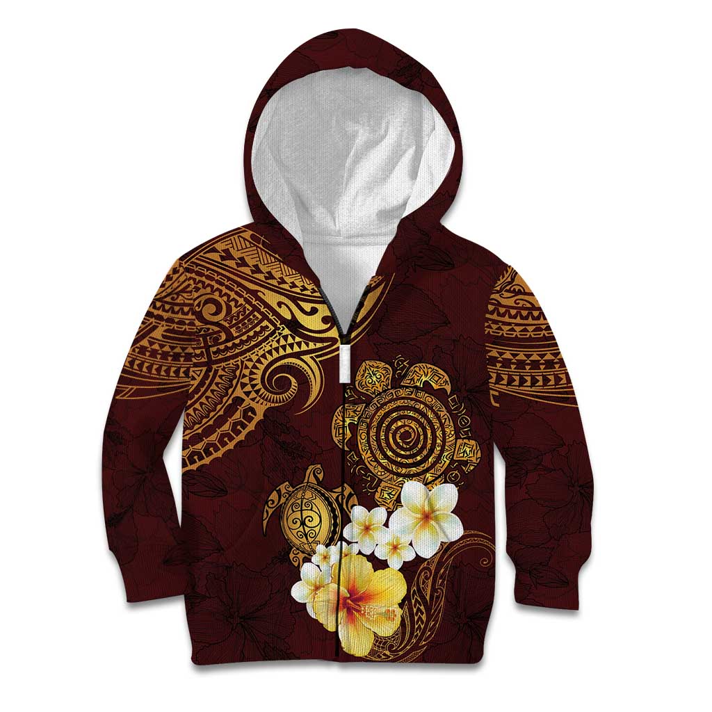 Polynesian Turtle Kid Hoodie Plumeria Hibiscus Pattern Oxblood LT03 Zip Hoodie Oxblood - Polynesian Pride