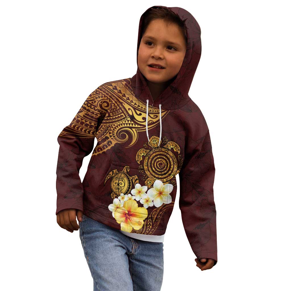 Polynesian Turtle Kid Hoodie Plumeria Hibiscus Pattern Oxblood LT03 - Polynesian Pride