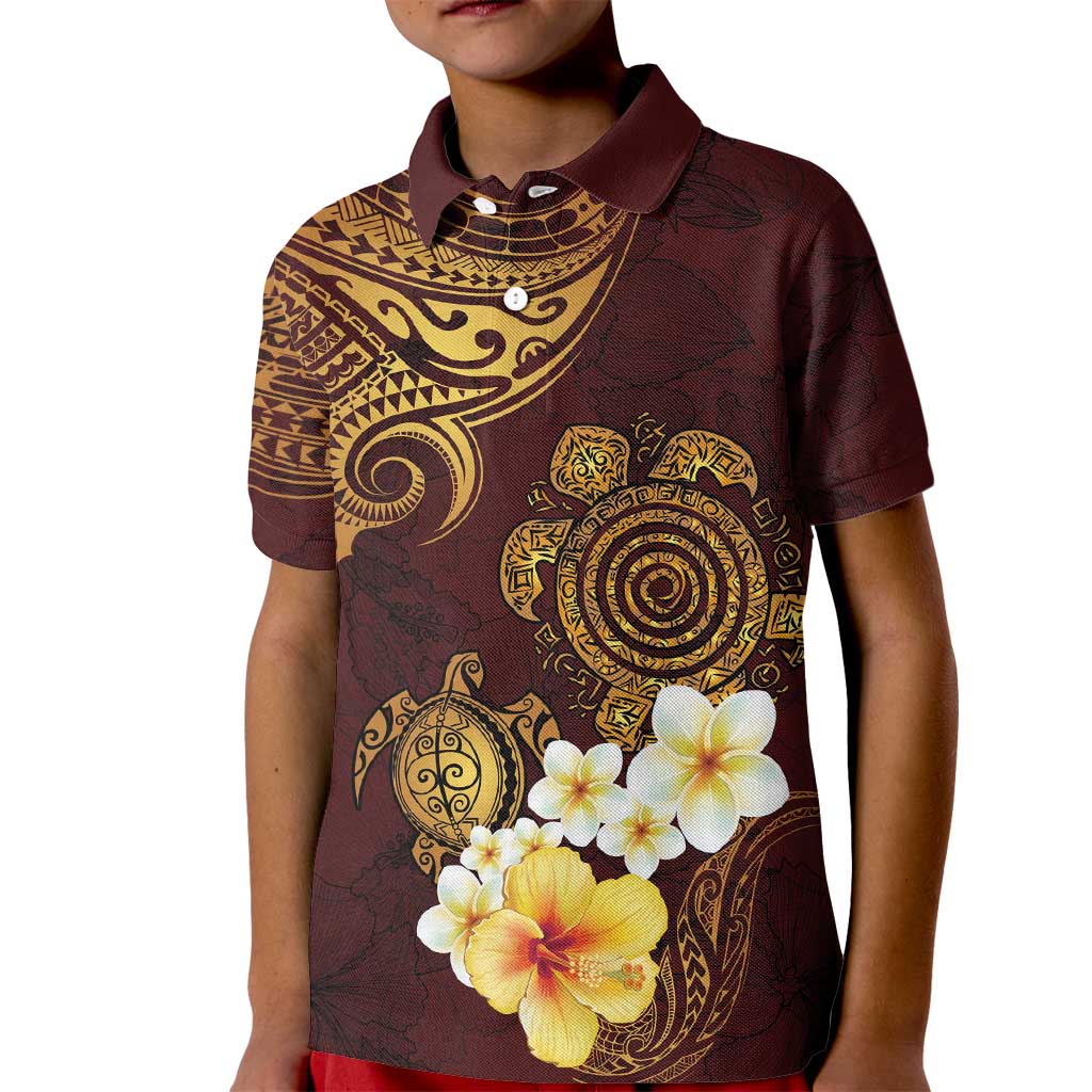 Polynesian Turtle Kid Polo Shirt Plumeria Hibiscus Pattern Oxblood LT03 Kid Oxblood - Polynesian Pride