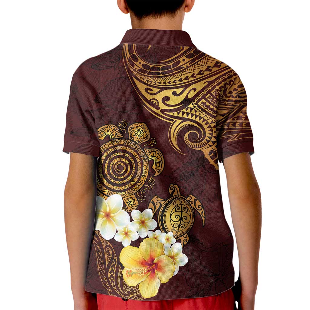 Polynesian Turtle Kid Polo Shirt Plumeria Hibiscus Pattern Oxblood LT03 - Polynesian Pride