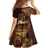 Polynesian Turtle Kid Short Sleeve Dress Plumeria Hibiscus Pattern Oxblood