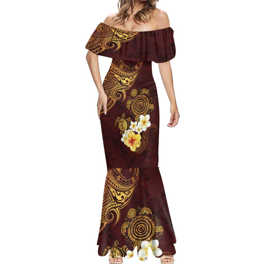 Polynesian Turtle Mermaid Dress Plumeria Hibiscus Pattern Oxblood