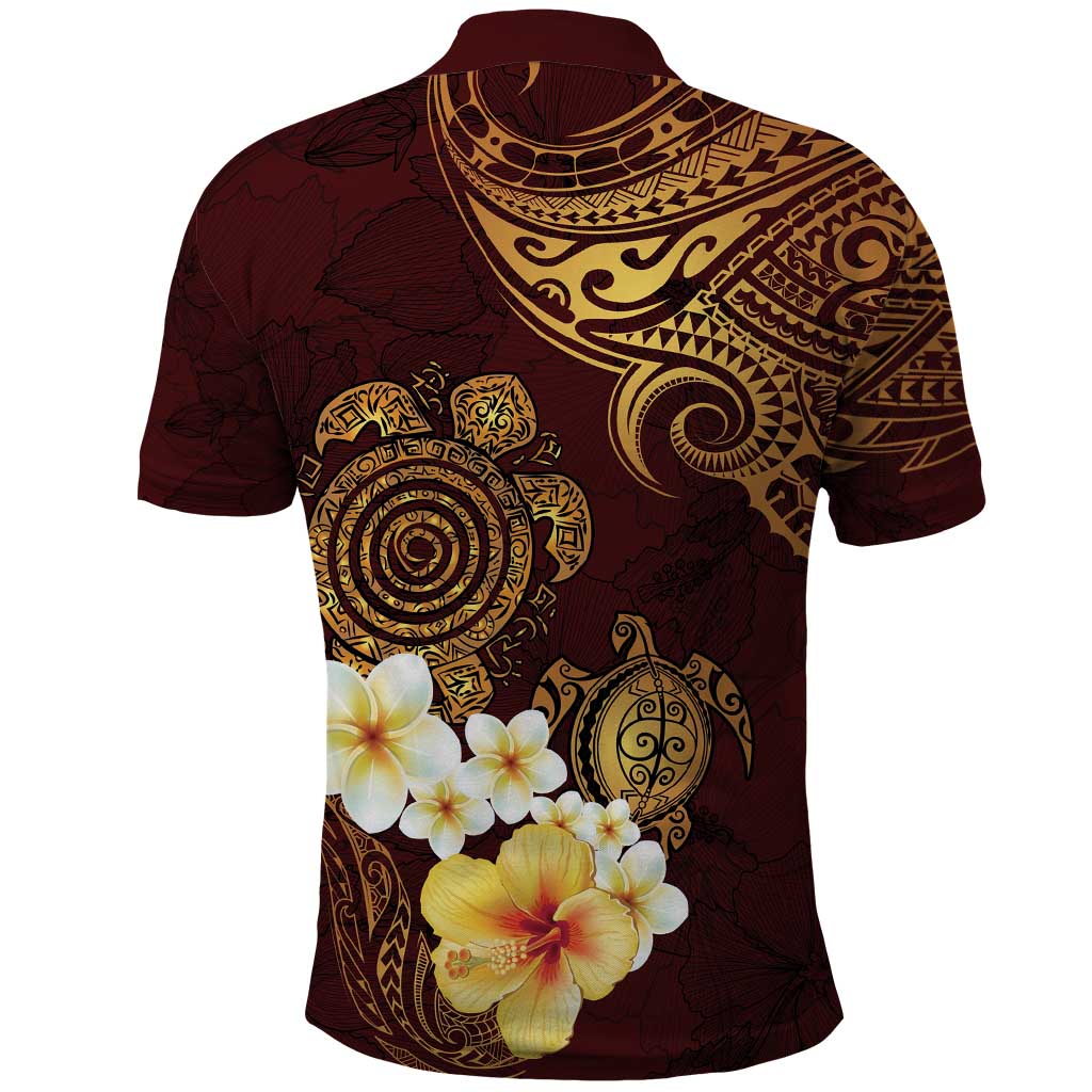 Polynesian Turtle Polo Shirt Plumeria Hibiscus Pattern Oxblood LT03 - Polynesian Pride