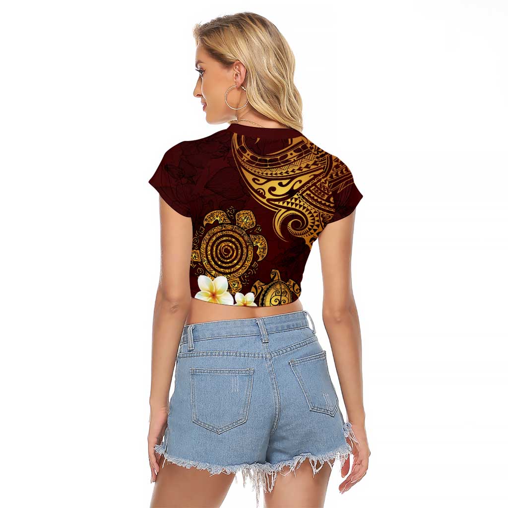 Polynesian Turtle Raglan Cropped T Shirt Plumeria Hibiscus Pattern Oxblood LT03 - Polynesian Pride