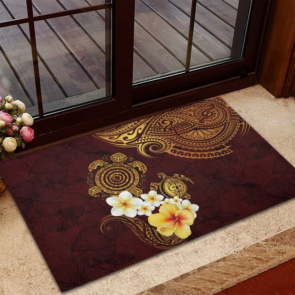 Polynesian Turtle Rubber Doormat Plumeria Hibiscus Pattern Oxblood LT03 - Polynesian Pride