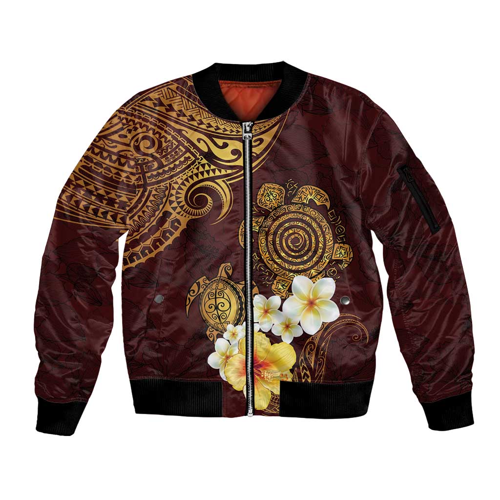 Polynesian Turtle Sleeve Zip Bomber Jacket Plumeria Hibiscus Pattern Oxblood