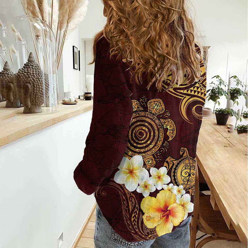 Polynesian Turtle Women Casual Shirt Plumeria Hibiscus Pattern Oxblood