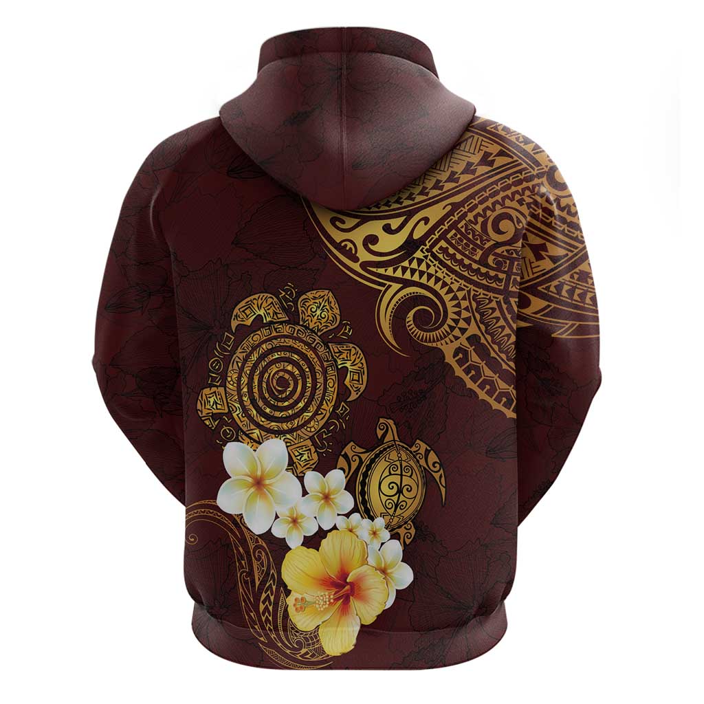 Polynesian Turtle Zip Hoodie Plumeria Hibiscus Pattern Oxblood