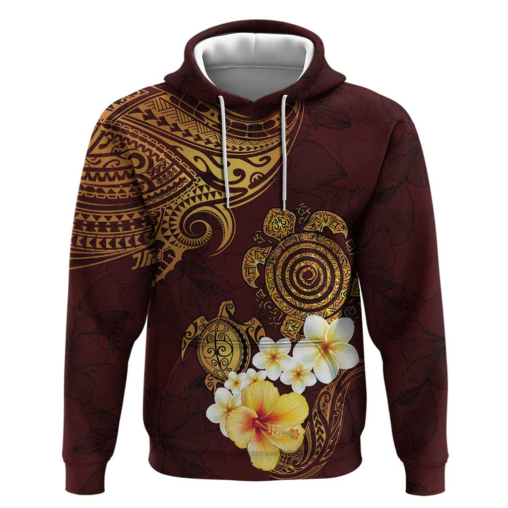 Polynesian Turtle Zip Hoodie Plumeria Hibiscus Pattern Oxblood