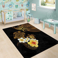 Polynesian Turtle Area Rug Plumeria Hibiscus Pattern Black Color