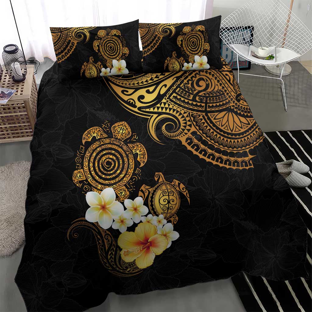 Polynesian Turtle Bedding Set Plumeria Hibiscus Pattern Black Color LT03 - Polynesian Pride