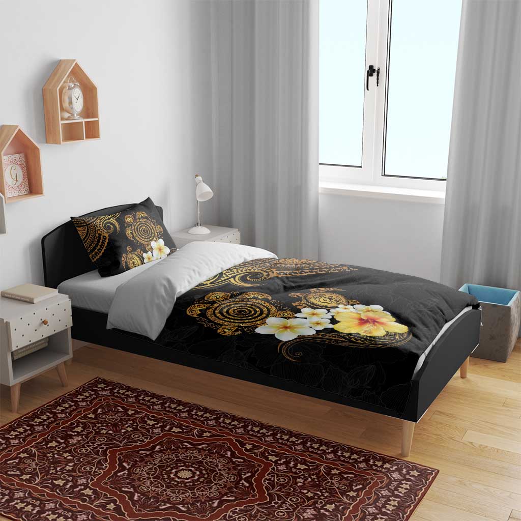 Polynesian Turtle Bedding Set Plumeria Hibiscus Pattern Black Color LT03 - Polynesian Pride